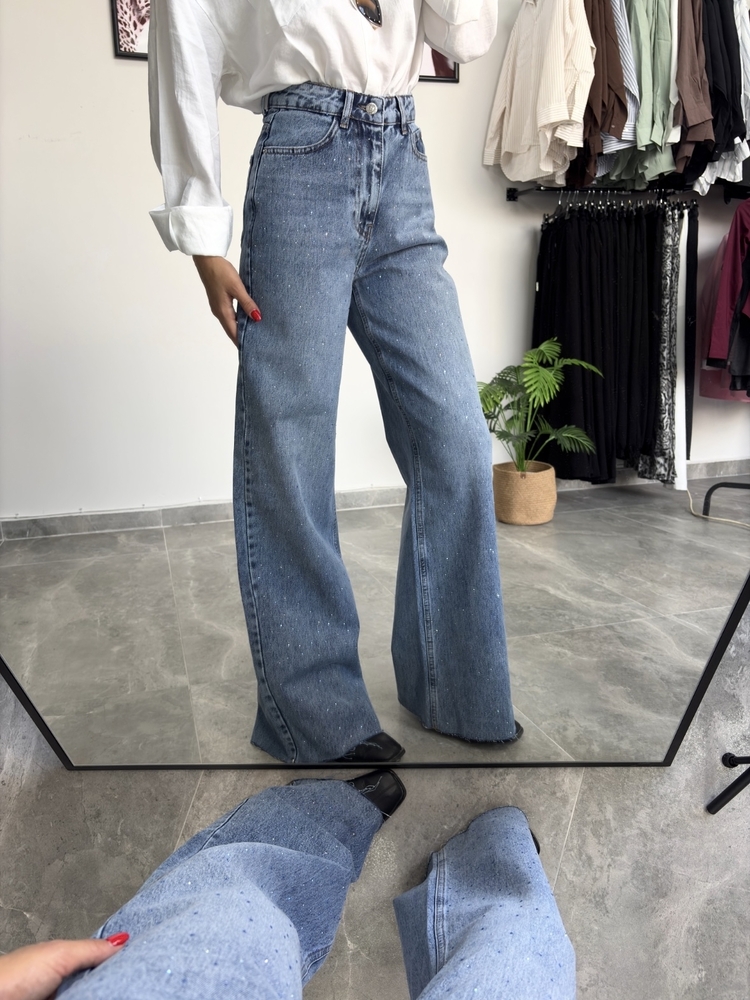 Taşlı Wide Leg Kot Pantolon