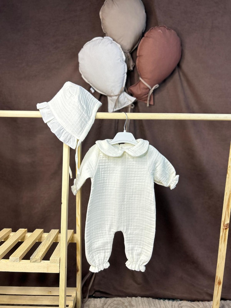 Müslin Bebe Yaka Tulum ve Bonet