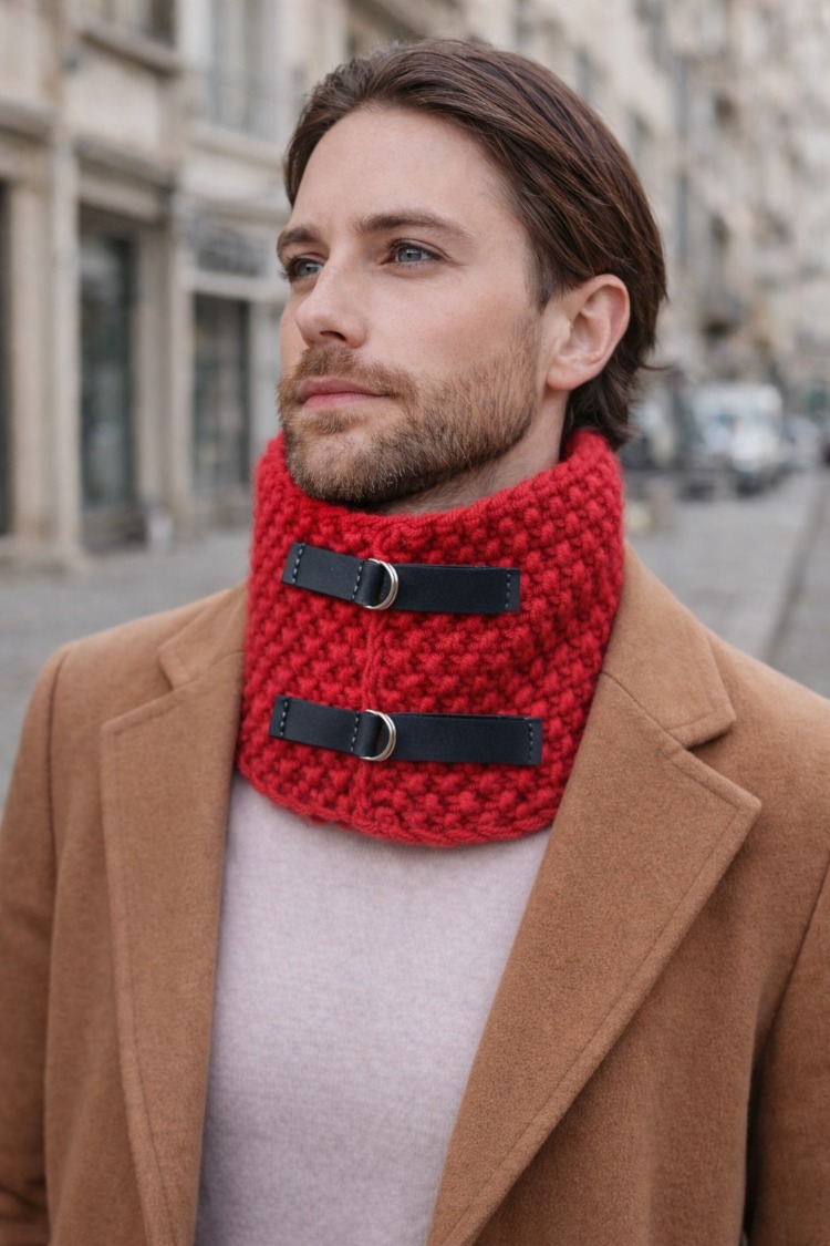 El Örgüsü Unisex  Boyunluk –  Kırmızı – Siyah Deri Detaylı