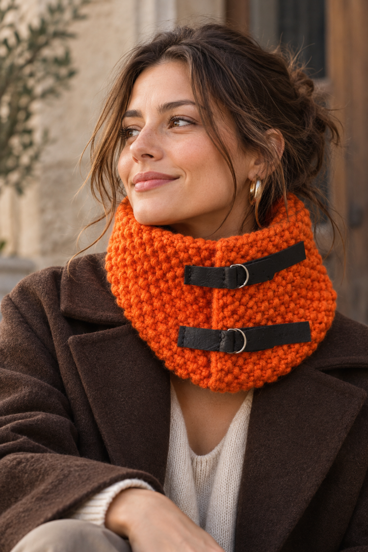 El Örgüsü Unisex Turuncu Boyunluk – Siyah Deri Detaylı