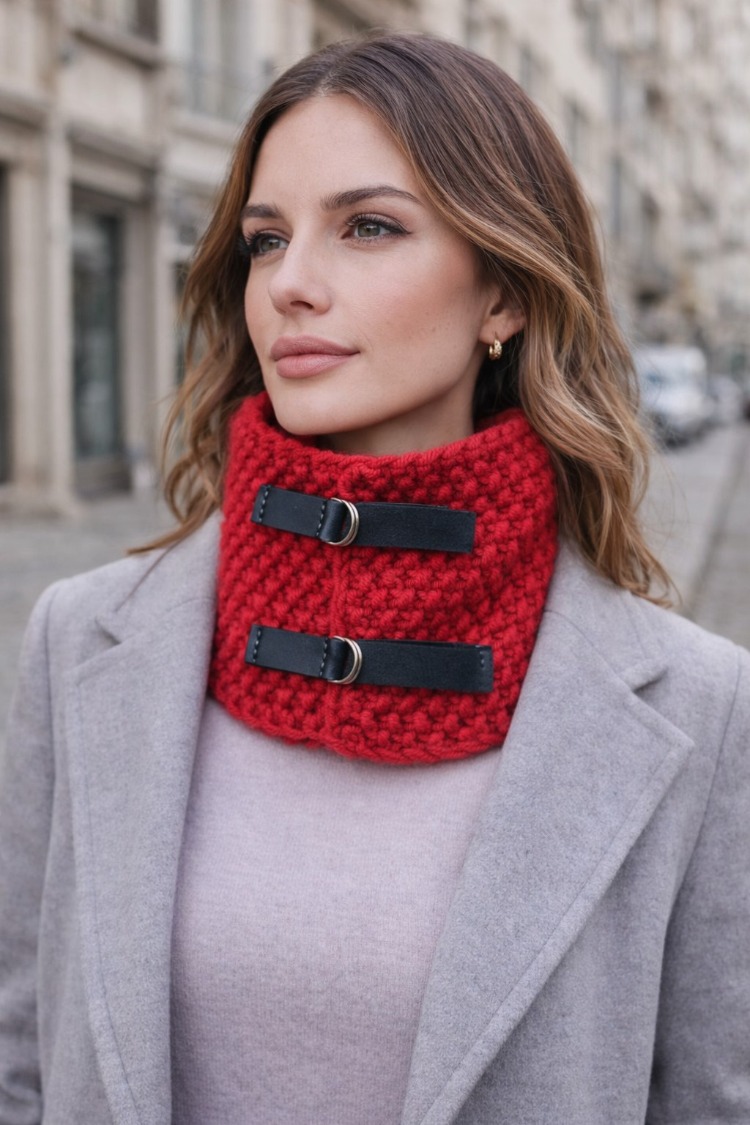 El Örgüsü Unisex  Boyunluk –  Kırmızı – Siyah Deri Detaylı