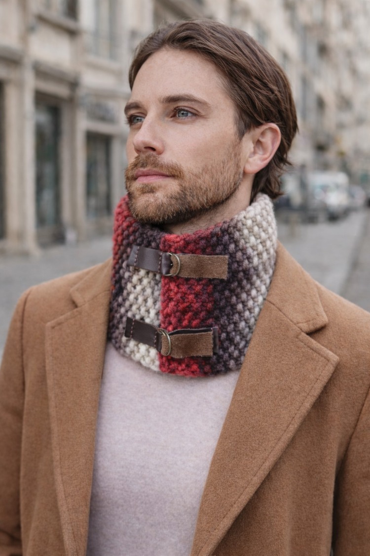 El Örgüsü Unisex Batik Boyunluk – Kahverengi & Kırmızı – Deri Detaylı