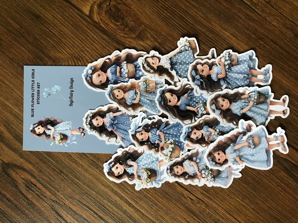 Blue Floral Little Girl Sticker Seti | Bullet Journal Malzemeleri