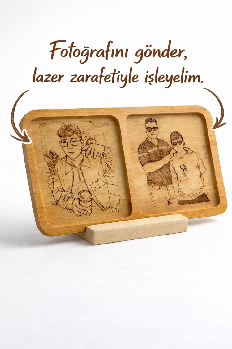 Kişiye Özel Çift Fotoğraflı Ahşap Foto Standı – Bambu Lazer Kazıma Özel Tasarım Hediye