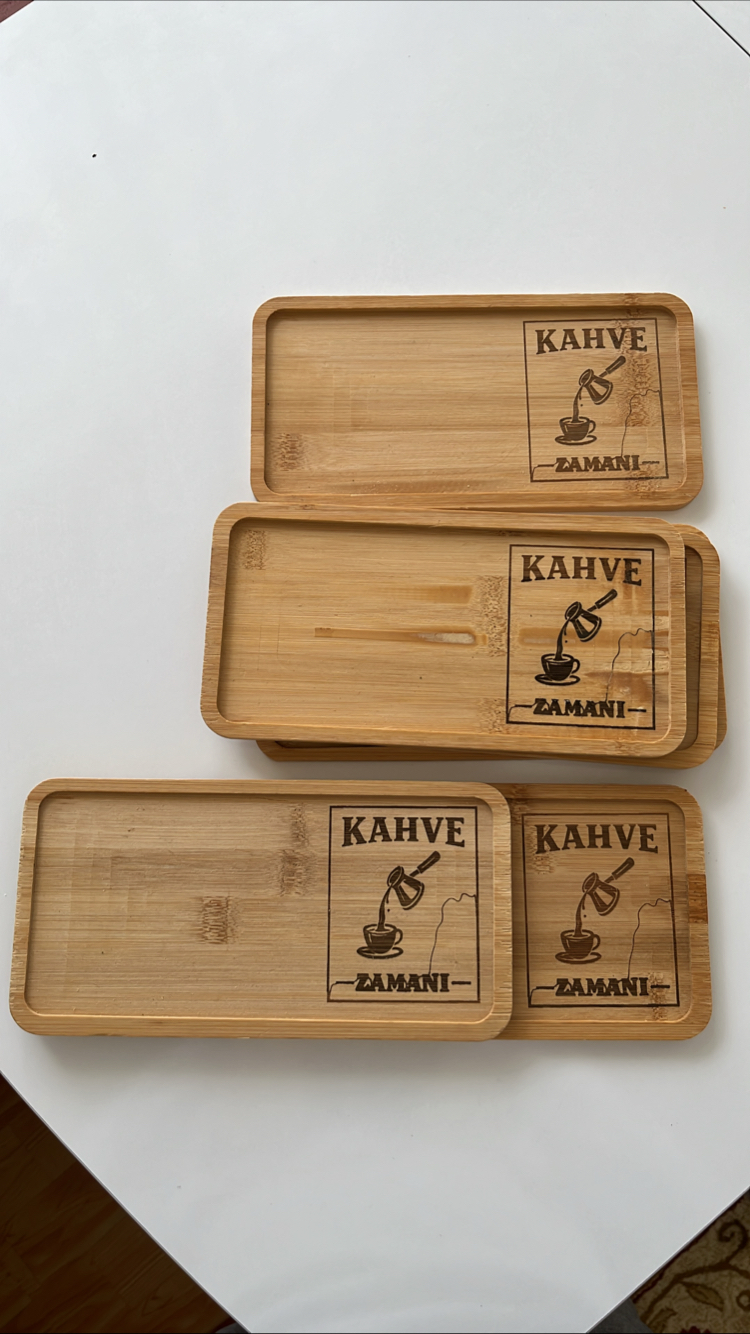 Kişiye Özel Çay Kahve Sunum Tepsisi Ahşap Kahve Tepsisi İsim Logo Yazılı