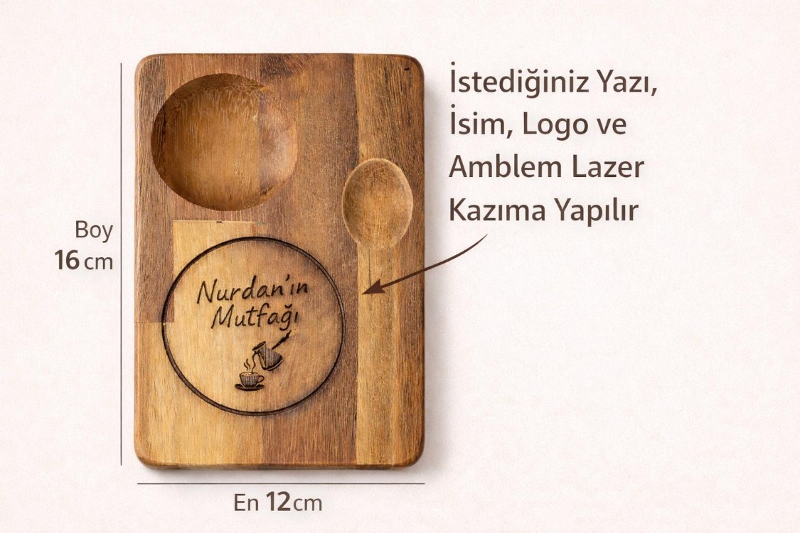 Kişiye Özel İroko Ahşap Çay Kahve Sunum Tahtası – İsim Yazılı Lazer Kazıma