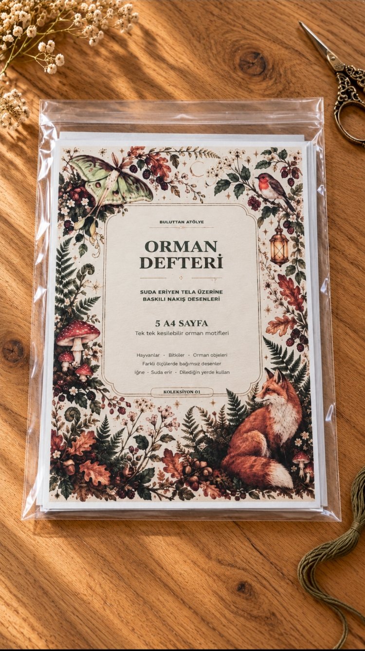 Orman Defteri – Suda Eriyen Tela Üzerine Baskılı Nakış Şablonu Seti (5 A4 Sayfa)