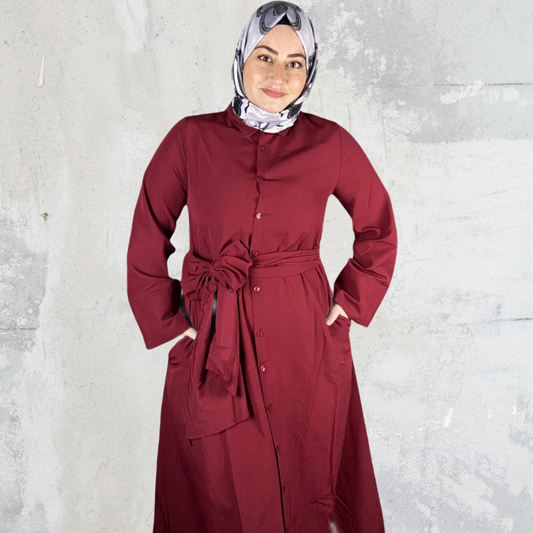 Bordo Kuşaklı Elbise