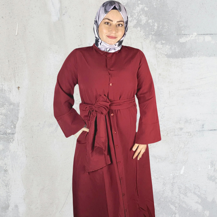 Bordo Kuşaklı Elbise