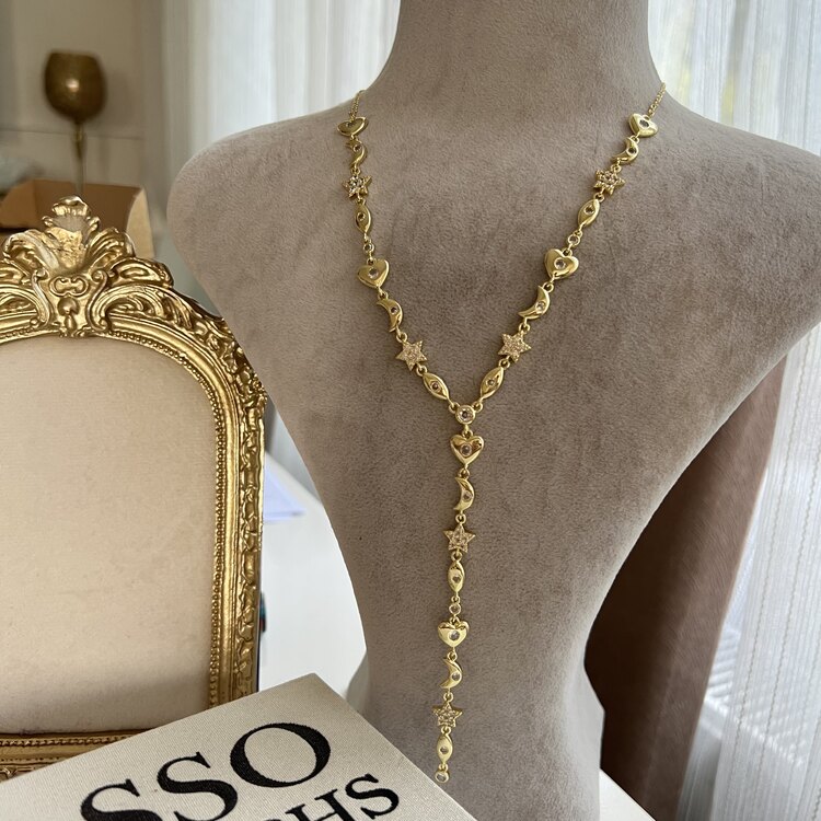 Gold Ay Yıldız Kalp Detaylı Y Kolye
