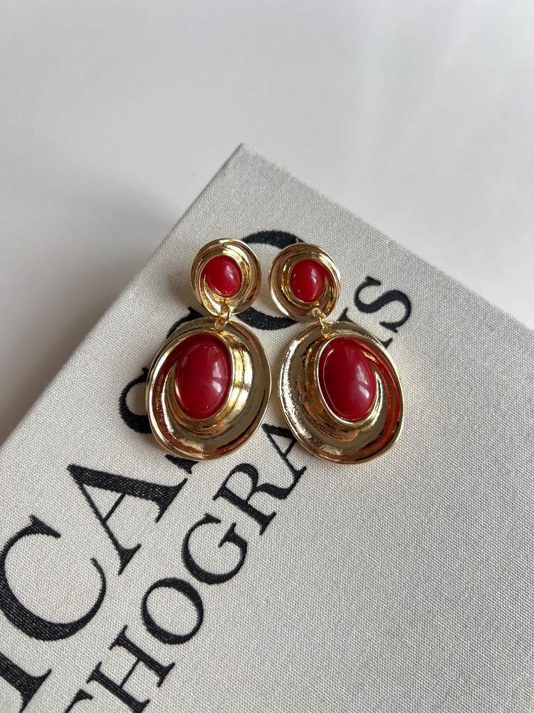 Gold Bordo Detaylı Vintage Küpe