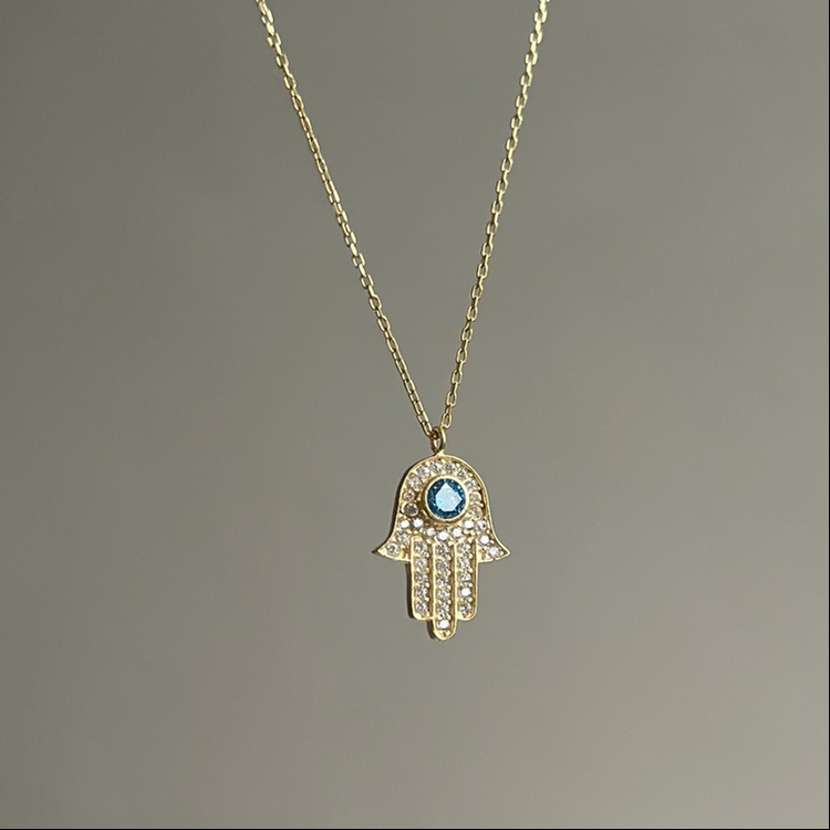 925 Gümüş Mavi Taşlı Hamsa Kolye
