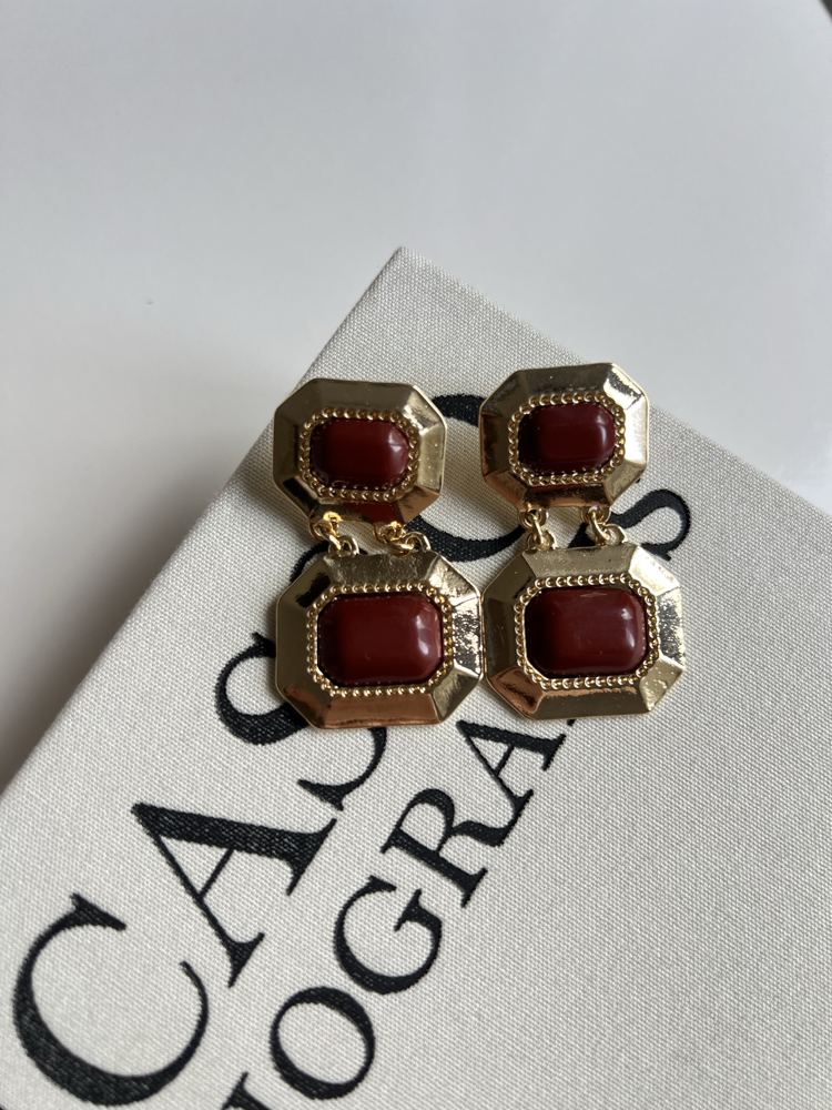Gold Bordo Detaylı Vintage Küpe