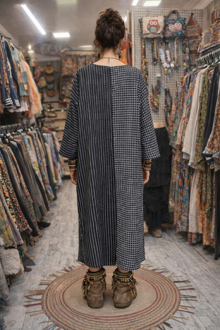 Patchwork Çizgili Oversize Otantik Elbise