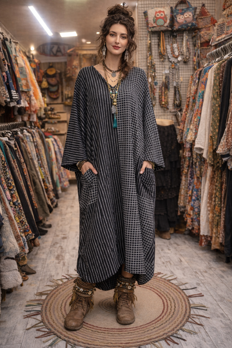 Patchwork Çizgili Oversize Otantik Elbise