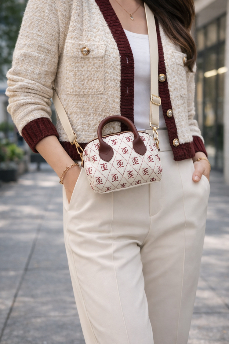 Mini Monogram Desenli El & Çapraz Askılı Kadın Çanta – Krem/Bordo 