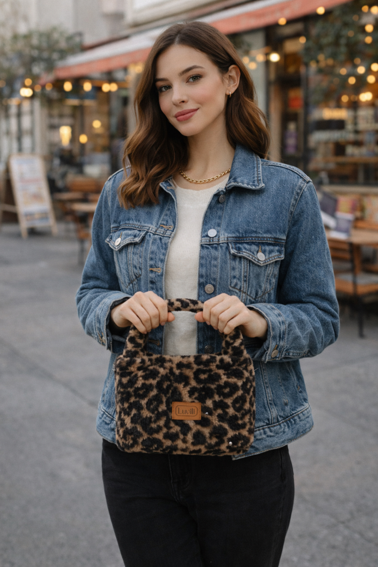 Peluş Leopar Desenli El Çantası