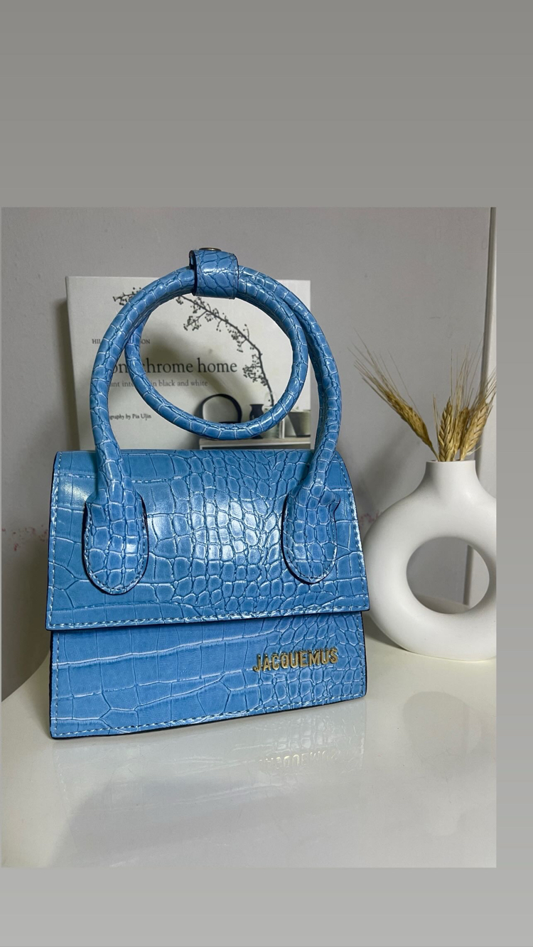 Mavi Mini Krokodil Desenli Jacquemus Model El & Omuz Çantası