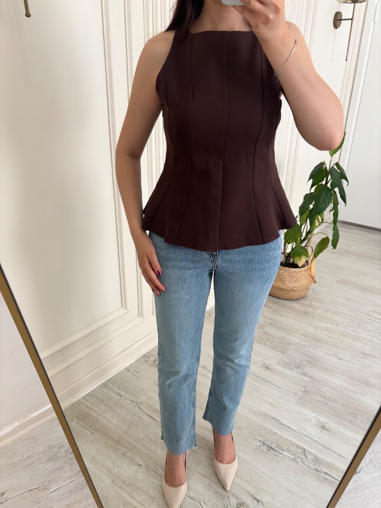 Peplum kesim bluz kahve