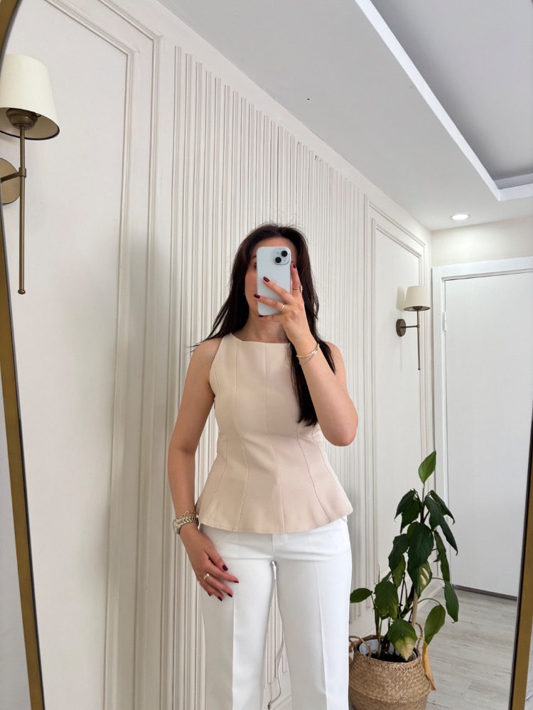 Peplum Kesim Bluz Bej 