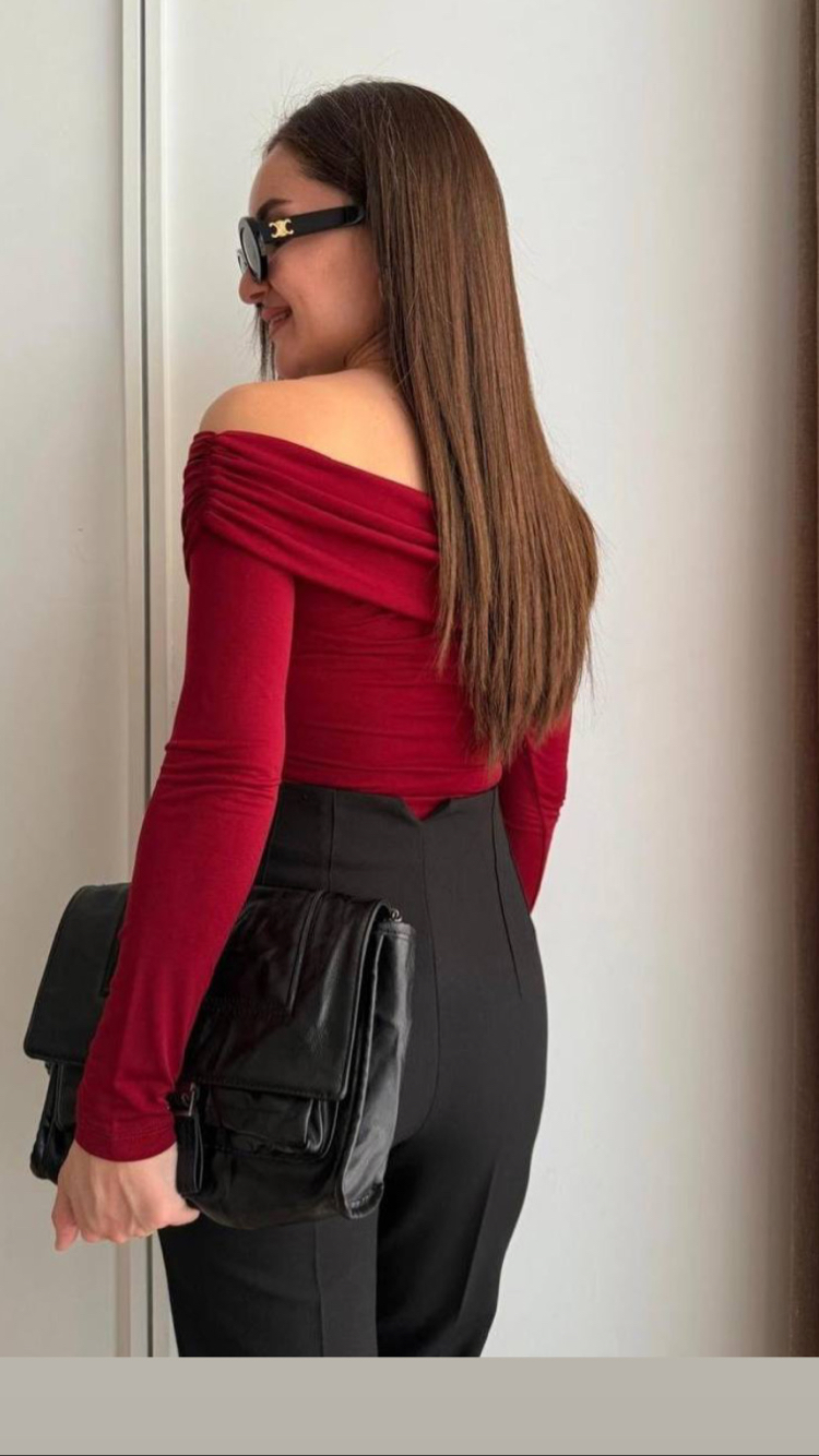 Bordo Çapraz omuz detaylı bluz