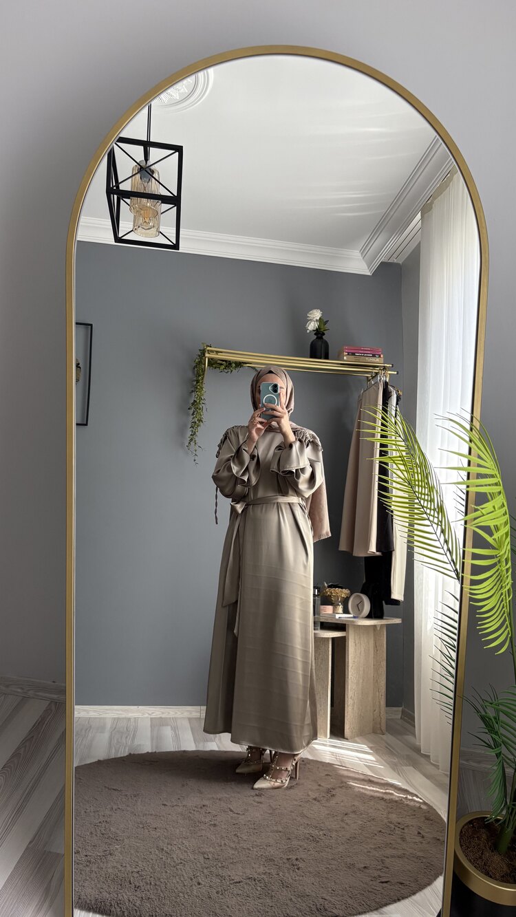 ELEGANCE SATEN ELBİSE -Vizon