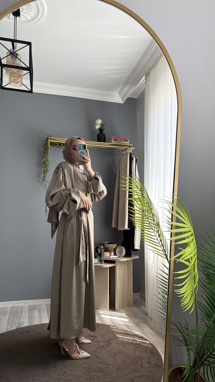 ELEGANCE SATEN ELBİSE -Vizon