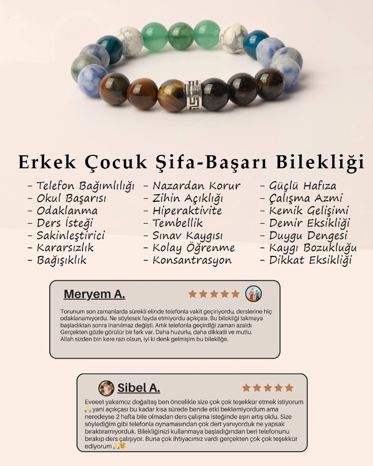 %100 Doğal Taş Erkek Çocuk Başarı Bilekliği