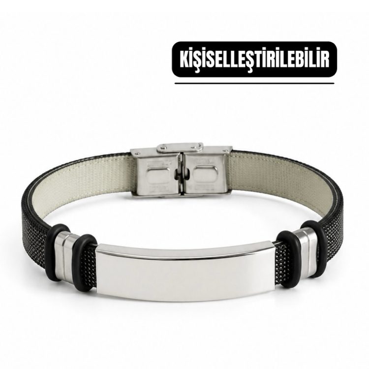 Yazı Yazılabilen Gümüş & Deri Bileklik