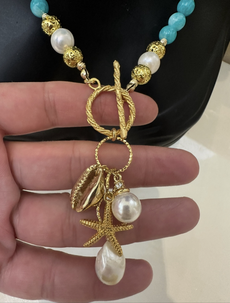 Amazonit doğal inci altın kaplama charm kolye 