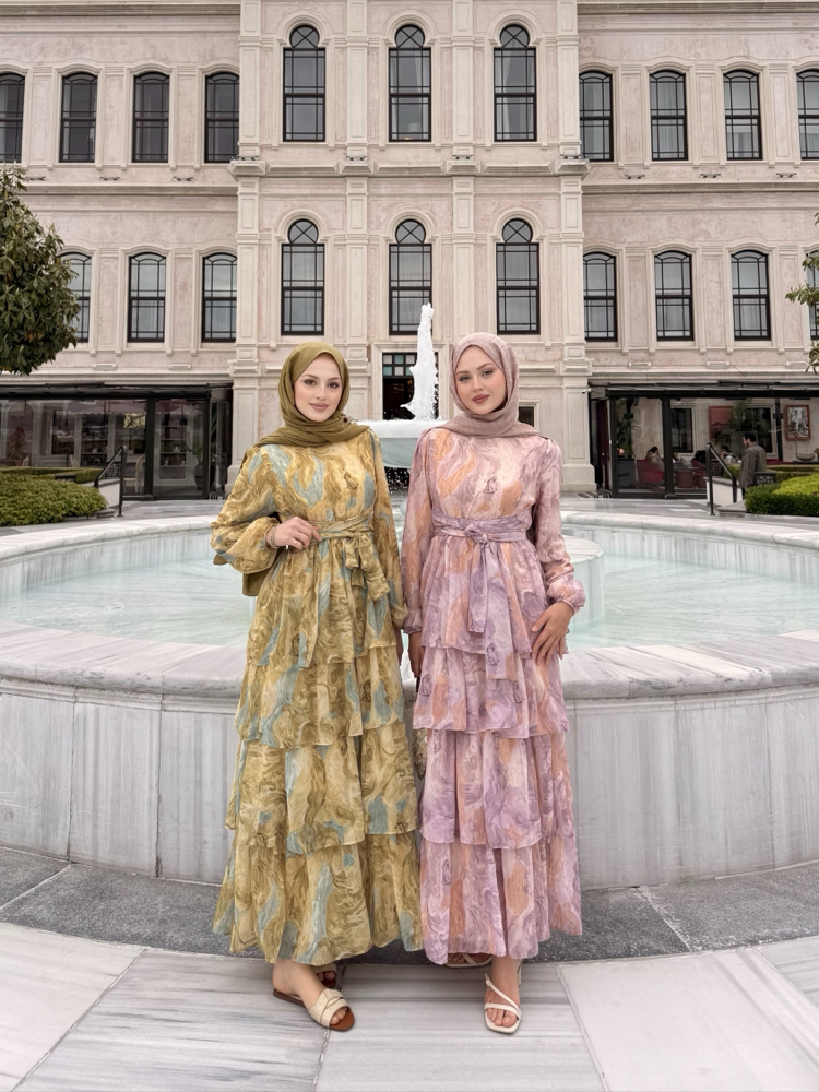 kat kat şifon elbise pembe