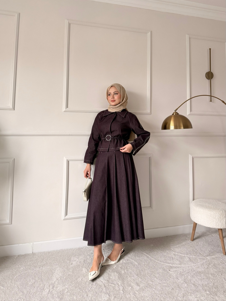 Fermuar detaylı denim takım bordo