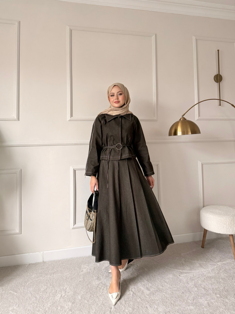 Fermuar detaylı denim takım kahve