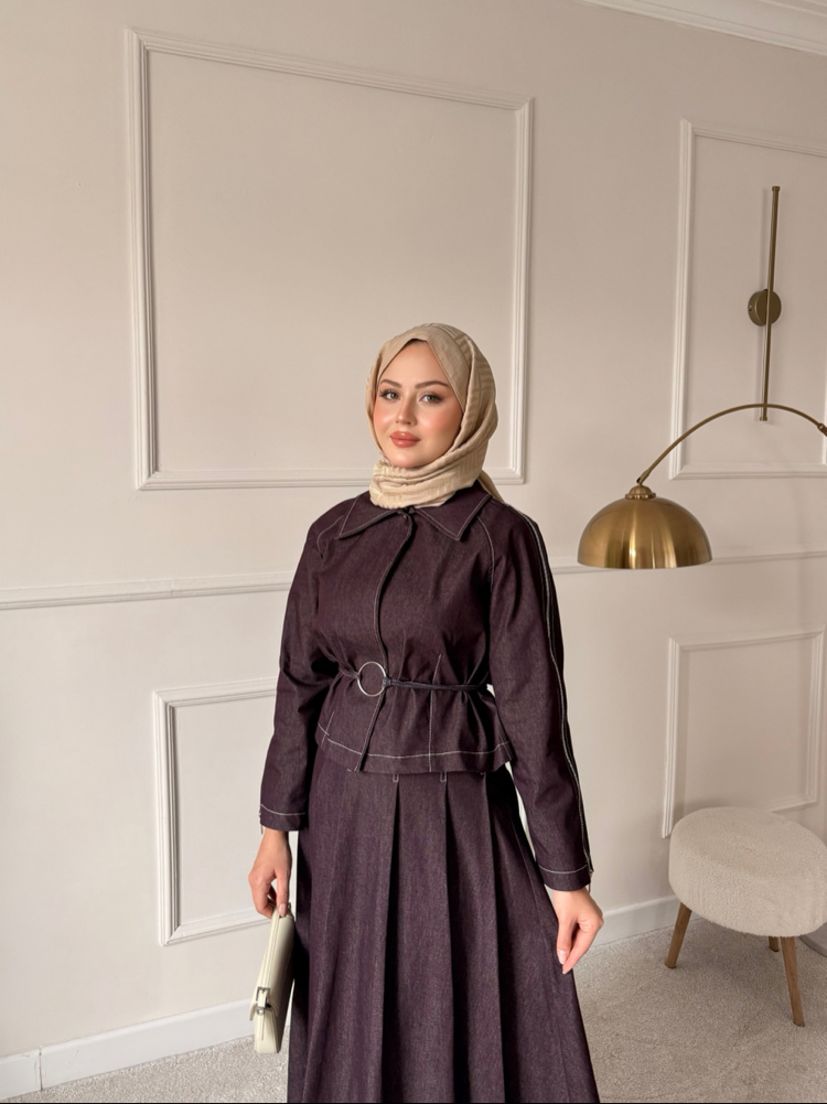 Fermuar detaylı denim takım bordo