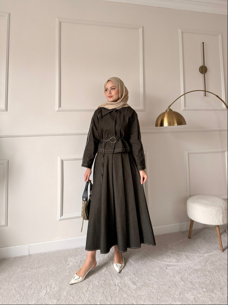 Fermuar detaylı denim takım kahve