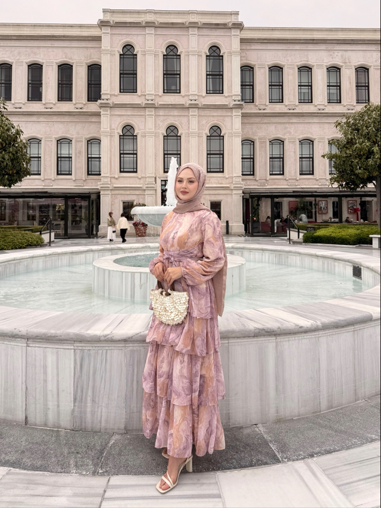 kat kat şifon elbise pembe