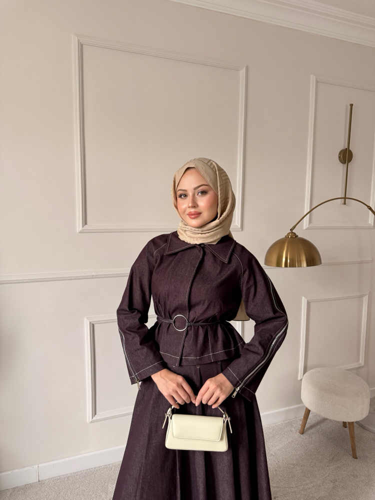 Fermuar detaylı denim takım bordo