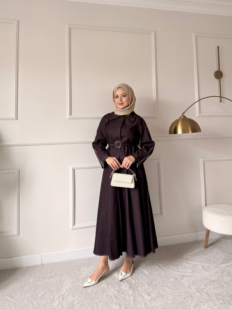 Fermuar detaylı denim takım bordo