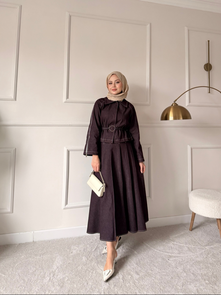 Fermuar detaylı denim takım bordo