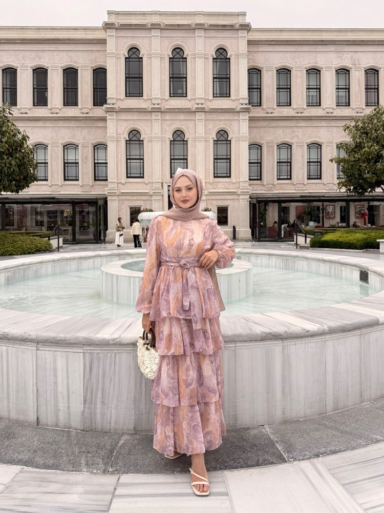 kat kat şifon elbise pembe