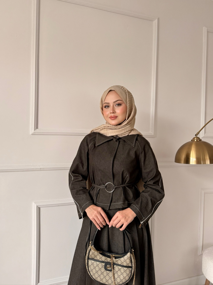 Fermuar detaylı denim takım kahve