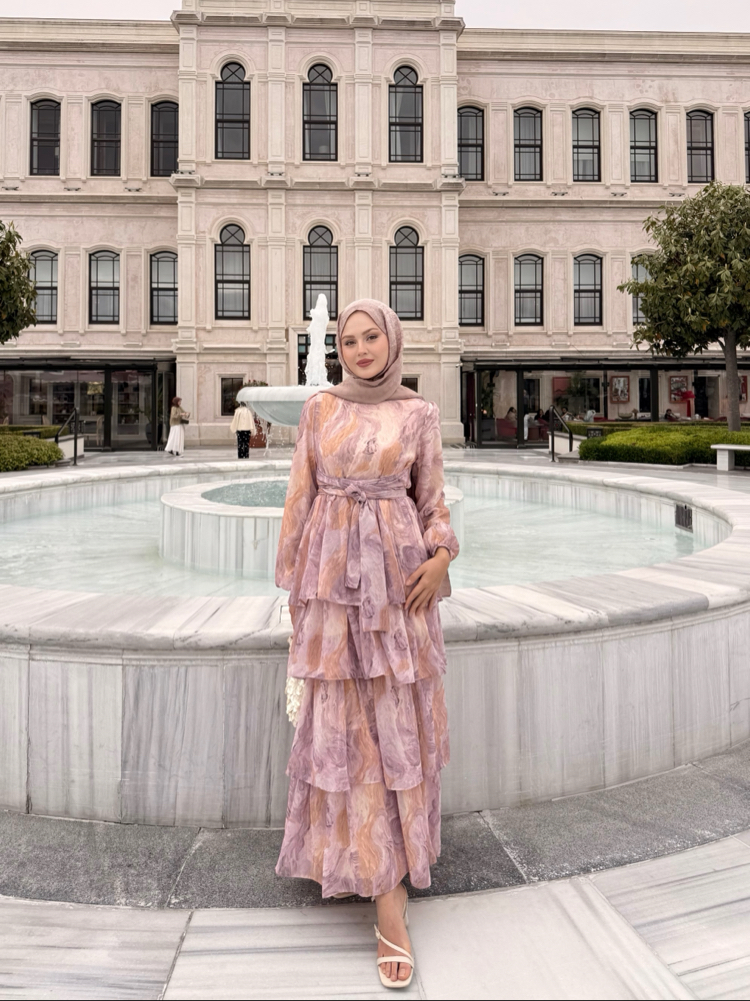 kat kat şifon elbise pembe