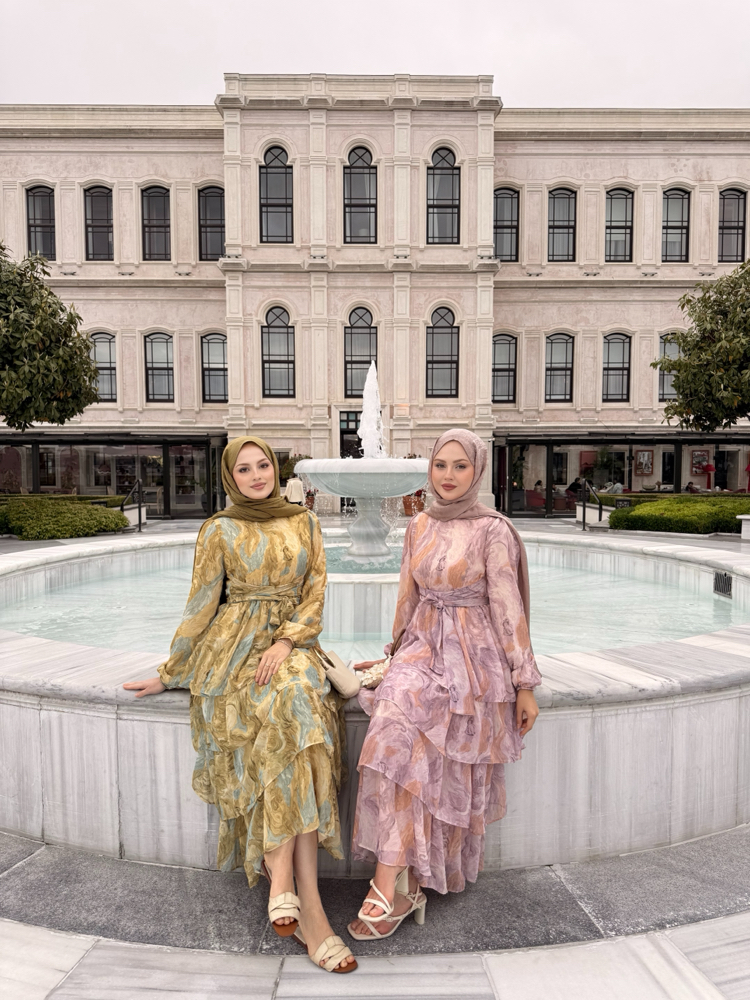 kat kat şifon elbise pembe