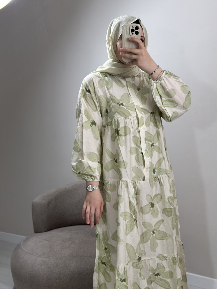 Yeşil soft kelebek desen elbise