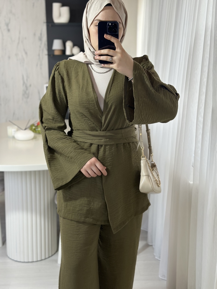 Keten kimono takım-Haki