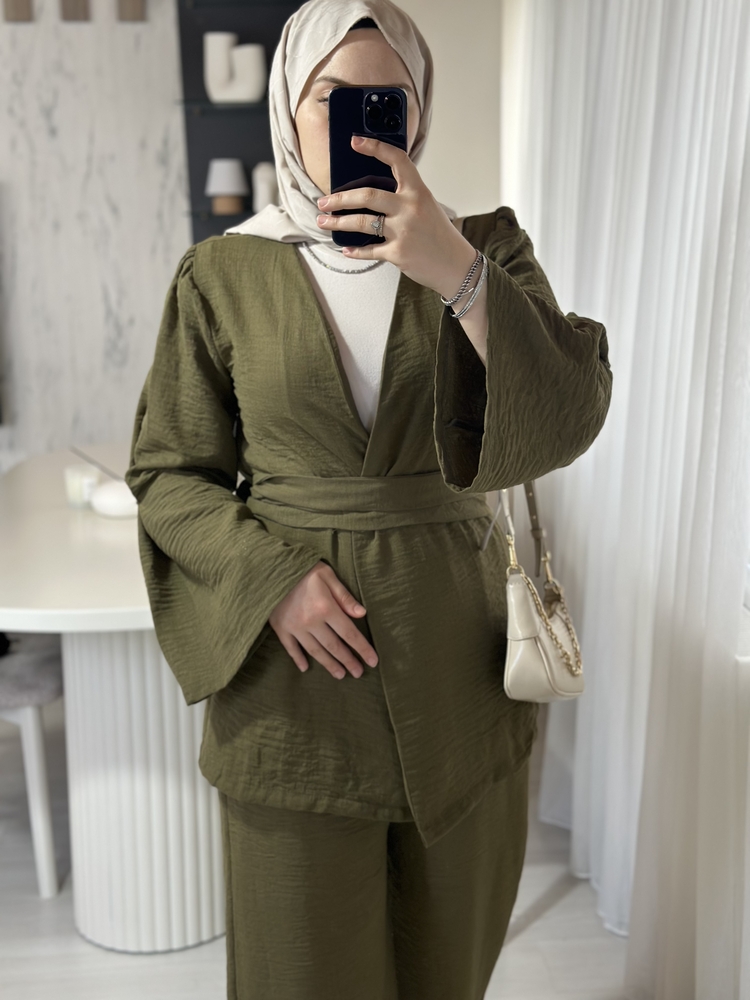 Keten kimono takım-Haki