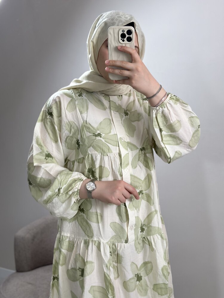 Yeşil soft kelebek desen elbise