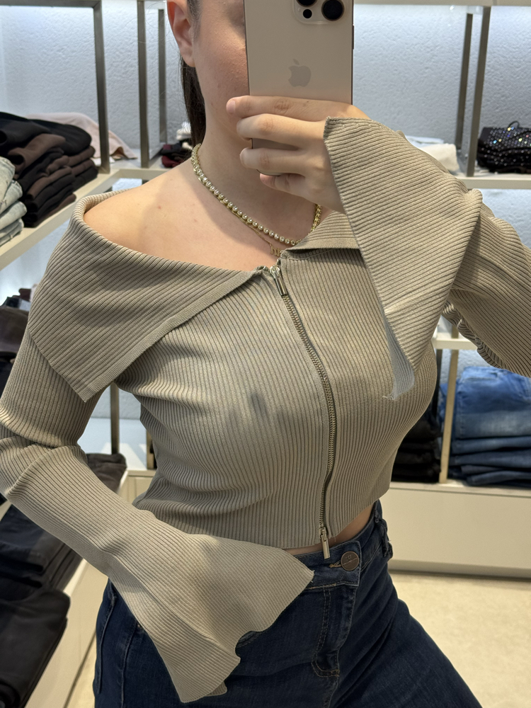 Fermuarlı modanna yaka fitilli bluz