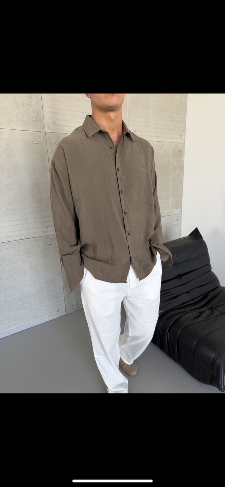 Haki Renk Modal Kumaş Oversize Kalıp Gömlek
