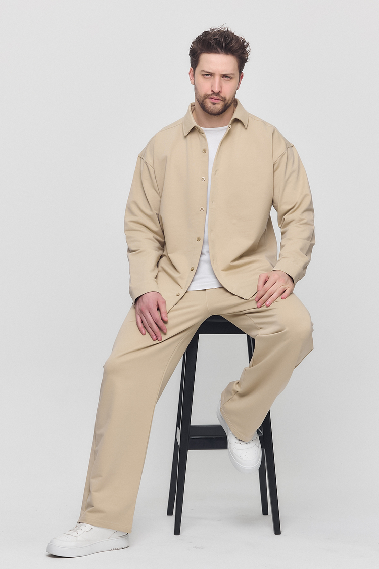 %100 Coton Kumaş Gömlek Pantolon Takım Bej Renk